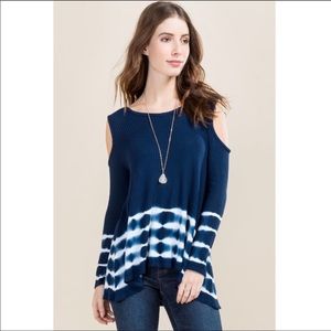 Francesca’s Cold Shoulder Waffle Knit Tie Dye Navy
